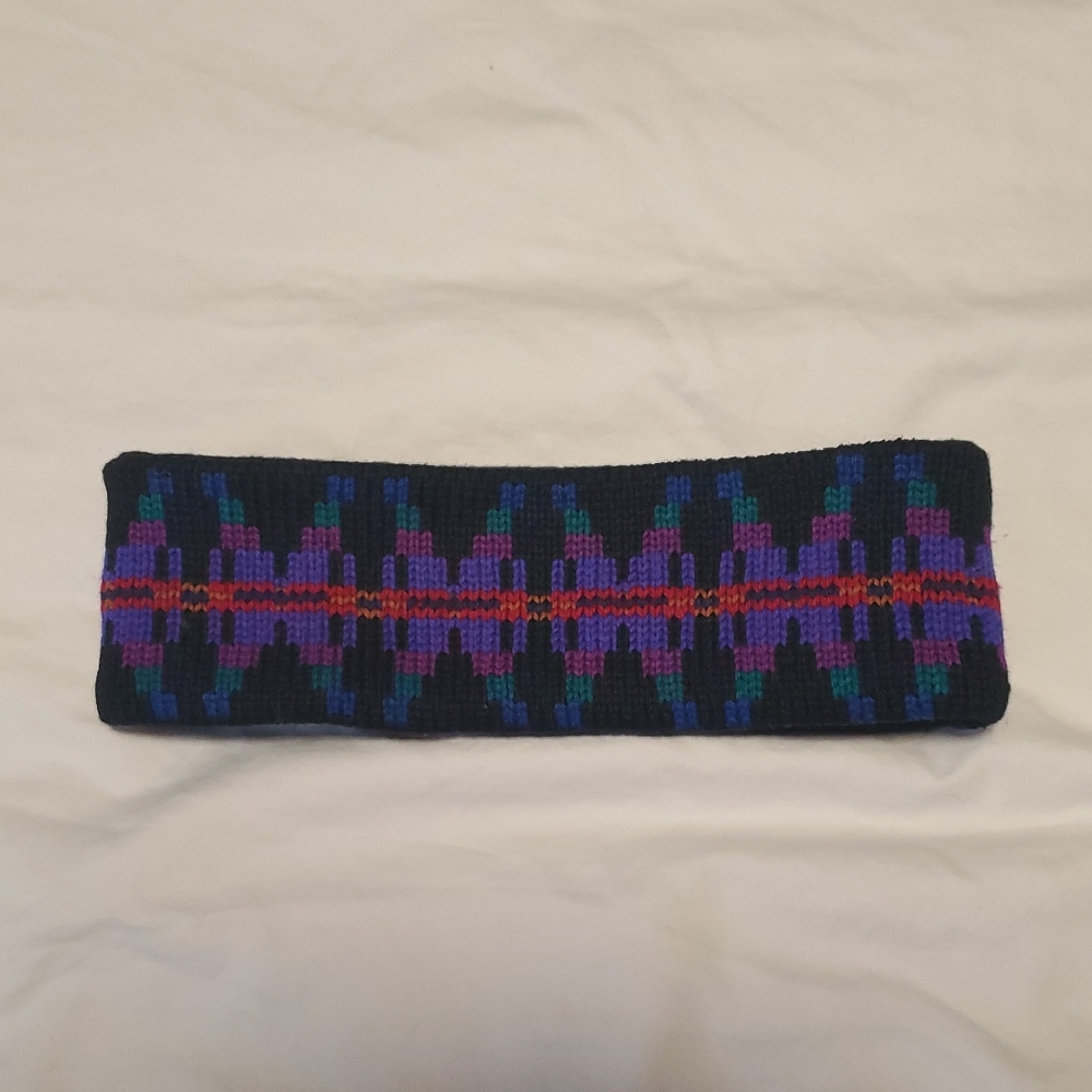Vintage Top Notch Knits Headband, 100% Wool, Fleece Lined, Vibrant Geometric